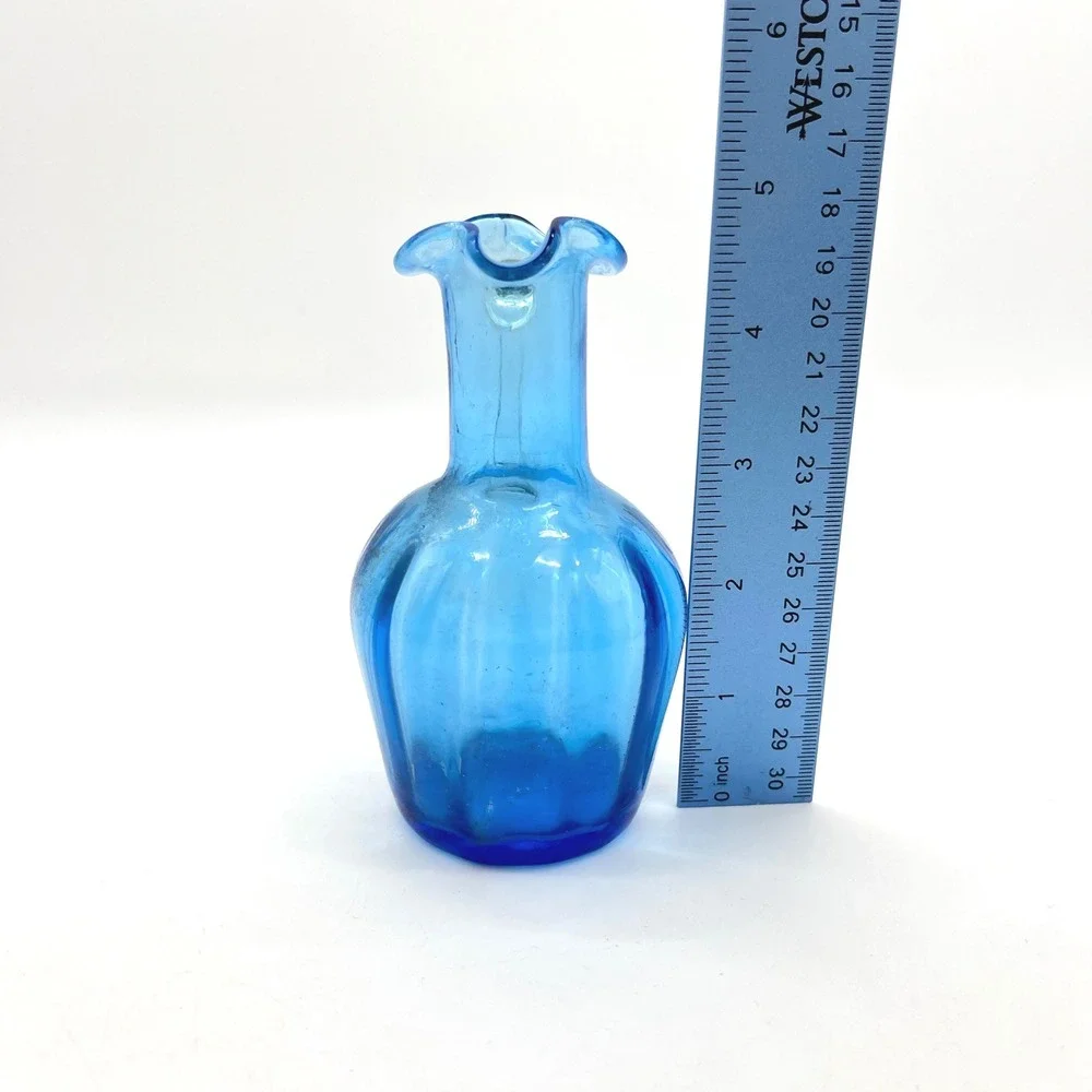 Vintage Blue Mini Blown Glass‎ Pitcher Small Art Glass Bud Vase Ruffled Spout